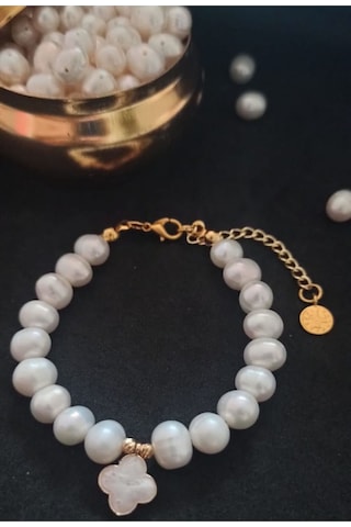 24k Altın Kaplama Gerçek İnci Sedef Yonca Detaylı Şık Bileklik Be Gold