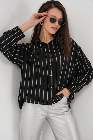 Gülsüm Aydın 5924 Gümüş Çizgili Gömlek - Siyah Siyah