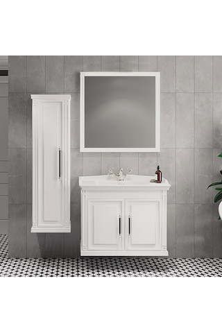 Denko Albatros 80 Cm Mdf Beyaz Banyo Dolabı Takımı + Boy Dolabı Beyaz