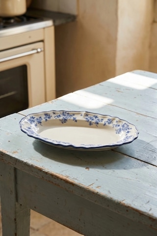 Acar Vintage Garden Mavi Çiçek Desenli Beyaz Porselen Oval Tabak 19 Cm Çok Renkli