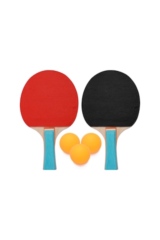 Ranyeek 2 Oyuncu Ping Pong Seti: 2 Adet Ahşap + Kauçuk Raket Ve 3 Top, Renkli Saplı Spor Eşyası
