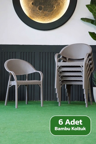 Alezy Bambu Rattan Kollu Koltuk 6 Adet Gri