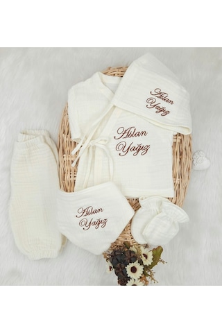 Gros Shop 4 Katlı Müslin 5'li Kimono Bağcıklı Tulum %100pamuk Hastane Çıkışı Kişiye Özgü İsimli Nakış Desenli Ekru
