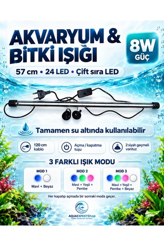 Akvaryum Işığı - Balık Işığı - Bitki Işığı - 57 Cm - 24 Led - Tamamen Su İçinde Kullanılabilir - 3 Modlu - 8w - Mükemmel Işık