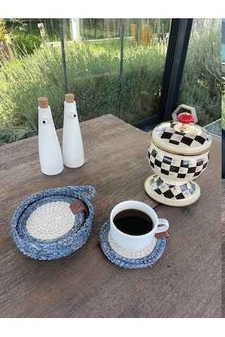 4 Adet Yuvarlak Dekoratif Bardak Altlığı Seti - Yuvarlak , Leke Tutmaz- Mavi-beyaz 13x13 Cm Beyaz - Mavi