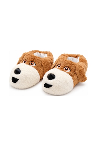 Modafocus Sevimli Köpek Figürlü Sessiz Kaydırmaz Taban Peluş Unisex Ev Pandufu Sevgili Kombin Terliği Kahverengi Kahverengi