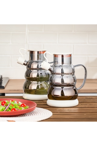 Porsima 3617- 2 Kapaklı Borosilikat Cam 2li Yağlık Sirkelik Seti Yağdanlık Takımı 1000ml Beyaz Beyaz