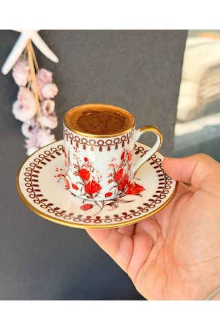 2 Kişilik Porselen Nostalji Kahve Fincanı Takımı-7483 Turuncu