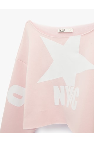 Koton Kayık Yaka Uzun Kollu Baskılı Oversize Crop Sweatshirt Pembe 6sal10178ık Gülkurusu