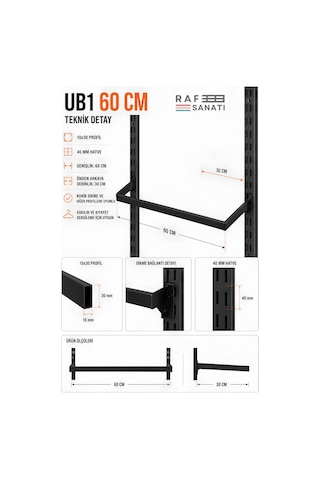 10 Adet - Ub1 60 Cm U Tipi Mağaza Askılığı 30 Cm Derinlik 40 Hatve - Konik Dikme Profil Uyumlu Elbise Askı Kolu Siyah