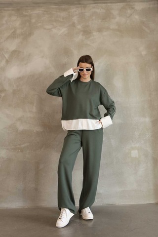 Evoa Kadın Yeşil Oversize Gömlek Ve Biye Detaylı İkili Takım Su Yeşili