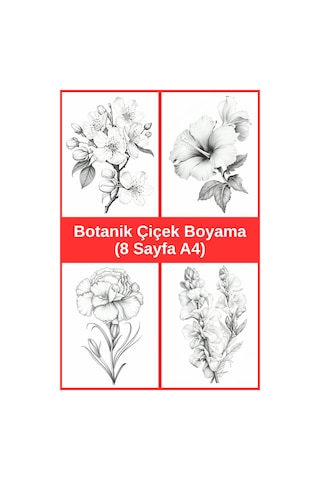 Botanik Çiçek Boyama Sayfaları 5, 8 Adet A4 Boyut .