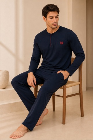 Loule Erkek Lacivert Penye Yazlık Kışlık Pijama Takımı 4 Parça