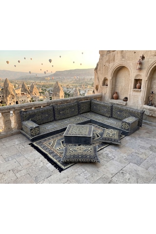 Turkıshrug Kıngdom Geleneksel Anadolu Serisi Gri Şark Köşesi Takımı - 13 Parça Süngerli Tam Set Kilim & Puf Hediyeli