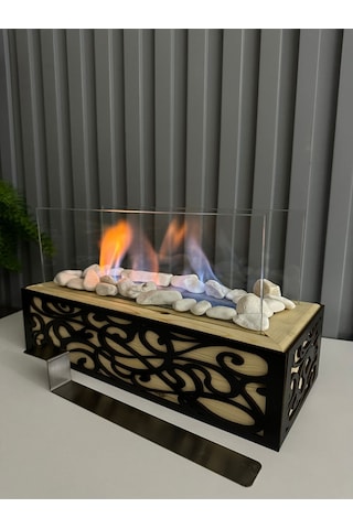 Esha Home Ahşap Masa Üstü Siyah Ahşap İşlemeli Bioethanol Şömine Sertifikalı Yakıt Ve Dekoratif Taş