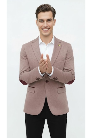 Plus Scorpion Açık Pembe Erkek İtalyan Kesim Blazer Ceket Kol Yamali, Slim Fit, Şık Ve Modern Tasarım Pembe