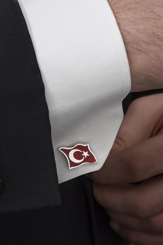 Yüzük Sanatı Ayyıldız Türk Bayrağı Mineli Gümüş Kol Düğmesi