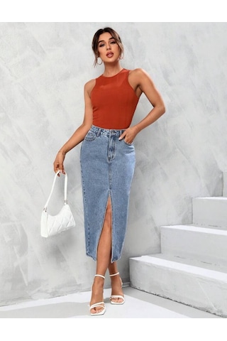 Pass&pass 2100-etek Kadın Likralı Önden Yırtmaçlı Jeans Kot Denim Uzun Etek Kar Açık Mavi