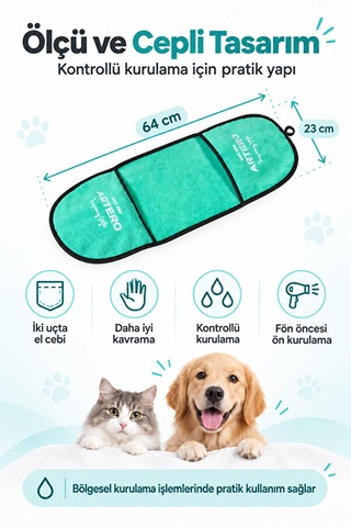 Artero Zumba Kedi Köpek Yüksek Emici Mikrofiber Cepli Kurulama Ve Kurutma Havlusu 64x23 Cm