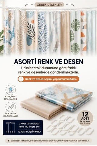 2'li Duş Perdesi Seti, Peva Banyo Perdesi Ve Askı Halkaları, Çok Renkli Karışık Desen 90x180cm Diğer