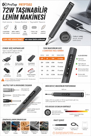 Protap Ts02 Lite 72w Taşınabilir Lehim Makinesi 300-400 C Pıd Isı Kontrollü Type-c Giriş 6 Saniyede Isınma