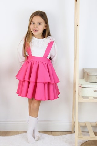 Kız Çocuk Helen Pembe Askılı Kat Kat Bağlama Jile Elbise Dantel Detay Ekru Uzun Kollu Bluz Takım