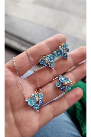 İthal Kuşlu Sedef Çiçekli Mavi Gümüş Set-8099