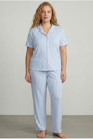 Siyah İnci Desenli Pamuklu Düğmeli Curve Büyük Beden Battal Pijama Takım Mavi Beyaz