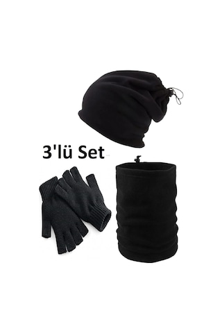 Eke Tekstil 3'lü Set Soğuk Geçirmez Termal Polar Boyunluk Bere ve Örgü Kesik Eldiven Siyah