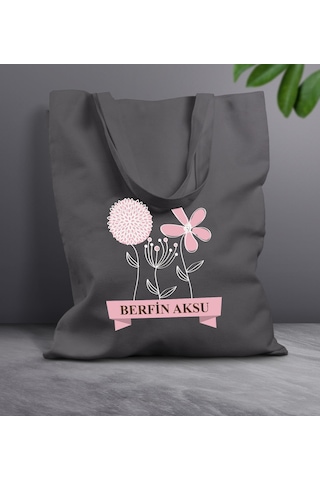 Bk Gift Kişiye Özel İsimli Anneler Günü Tasarımlı Antrasit Kumaş Bez Çanta, Baskılı Omuz Çantası, Alışveriş Çantası, Anneler Günü Hediyesi, Anneye Hediye-4 Sarı