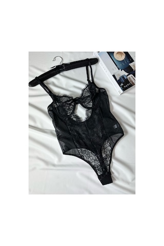 La Linaa Elanor Siyah Çıtçıtlı Dantelli Transparan Balenli Bodysuit Siyah - 699340148 Siyah