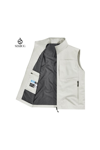 İlkbahar/yaz Erkek Günlük Çok Cepli Yelek, Bol Kesimli Su Geçirmez Hızlı Kuruyan Ceket, Dik Yaka Yelek Beyaz