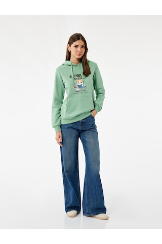 Koton Kanguru Cep Detaylı Şardonlu Kedi Baskılı Kapüşonlu Sweatshirt Mınt 6wal10128ık Mint