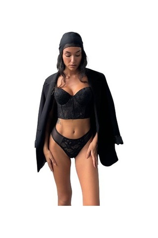 Onsekiz18shop Destekli Taşlı Tül Beyaz Parıltılı Çiçekli Beyaz Büstiyer Takım Siyah