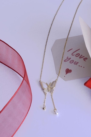 Innuendo Jewelry 925 Ayar Gümüş Sedefi İncili Taşlı Kelebek Kolye Altın