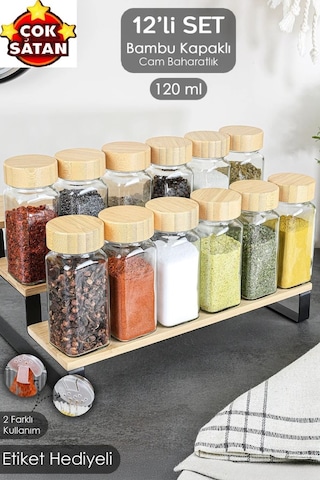 Kapris12'li Bambu Kapaklı Kare Formlu Cam Baharatlık Seti 120 ml / 16 Adet Etiket Hediye