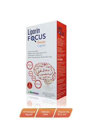 Liporin Focus Brain Sitikolin-omega 3-dha-epa-b12-d3-b6 İçeren Takviye Edici Gıda 30 Kapsül