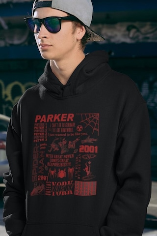 Sevbano Parker Spider-man Baskılı Unisex Oversize Örümcek Adam Hoodie Siyah