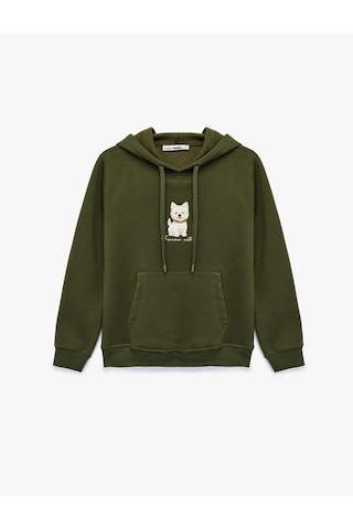 Koton Şardonlu Uzun Kollu Kapüşonlu Kanguru Cep Detaylı Köpek Baskılı Sweatshirt Haki 6wal10618ık Haki