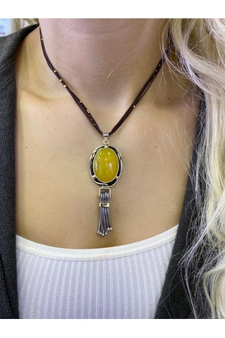 Sarı Akik Taşlı Gümüş Kolye 925 Ayar 512655439