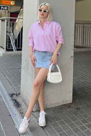 Madmext Pembe Çizgili Over Fit Gömlek Mg1525 Pembe