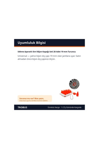 Trobus Sökme Aparatlı Sivri Bijon Kapağı Seti 20 Adet 19 Mm Turuncu