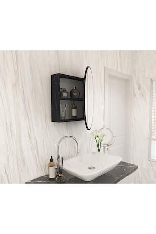 Makbulce Oval Aynalı Banyo Dolabı Mermer Desenli Mermer