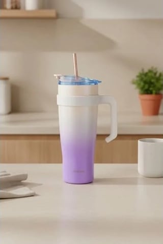 Pembe Pipetli Termos Bardak, 1000ml Kapasite İle Soğuk İçecekler İçin Açık Beyaz