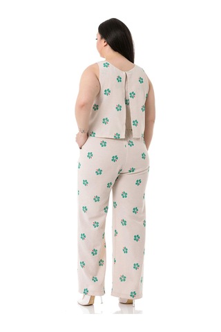 Büyük Beden Kalın Askılı Fermuarlı Beli Lastikli Yeşil Çiçekli Kadın Tulum