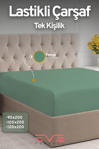 Eve Tekstil Fitted Yüksek Kaliteli Penye Kumaş Tek Kişilik Lastikli Çarşaf Yeşil