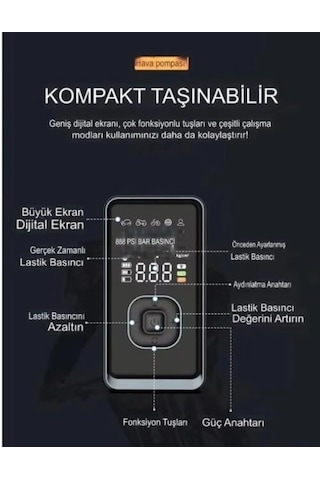 Auhma A7700 4'ü 1 Arada Akü Takviye, Şarjlı Hava Pompası, Powerbank Ve Dijital Fener