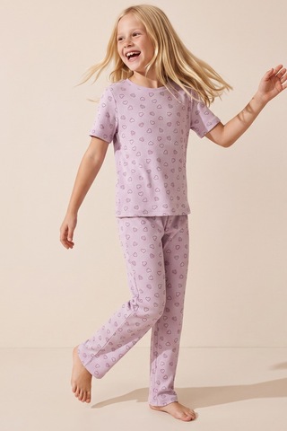 Siyah İnci Pamuklu Fitilli Kaşkorse Örme Pijama Takım 26120402 Lila Kalp