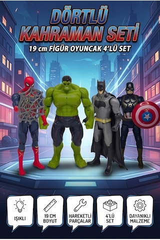Dörtlü Kutulu Kahraman Seti Batman Örümcek Adam Hulk Kaptan Amerika Figür Oyuncağı