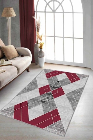 Kırmızı Geometrik Kaymaz Tabanlı Dekoratif Halı Dd06n11